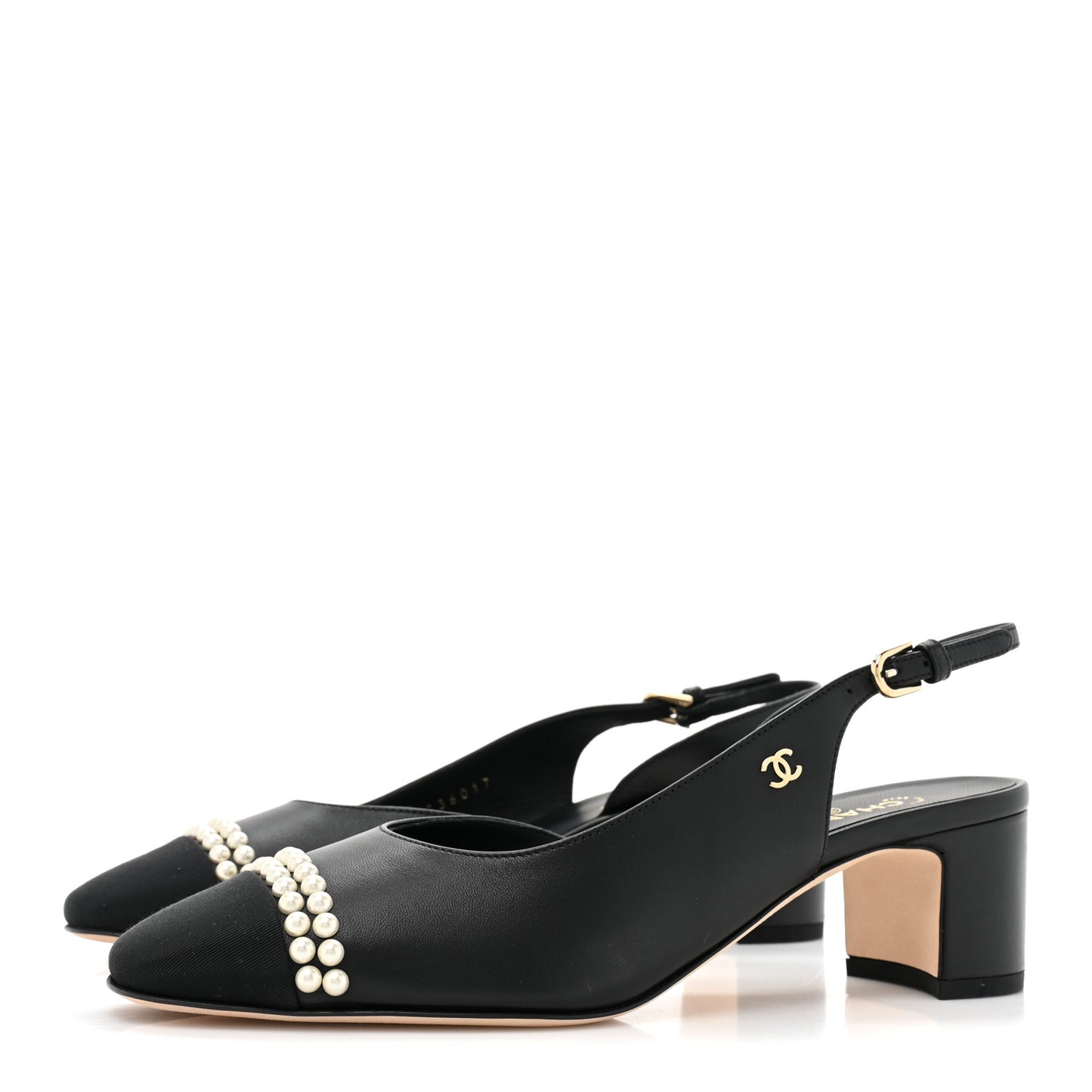Lambskin Grosgrain Pearl Cap Toe CC Slingback Pumps 38 Black