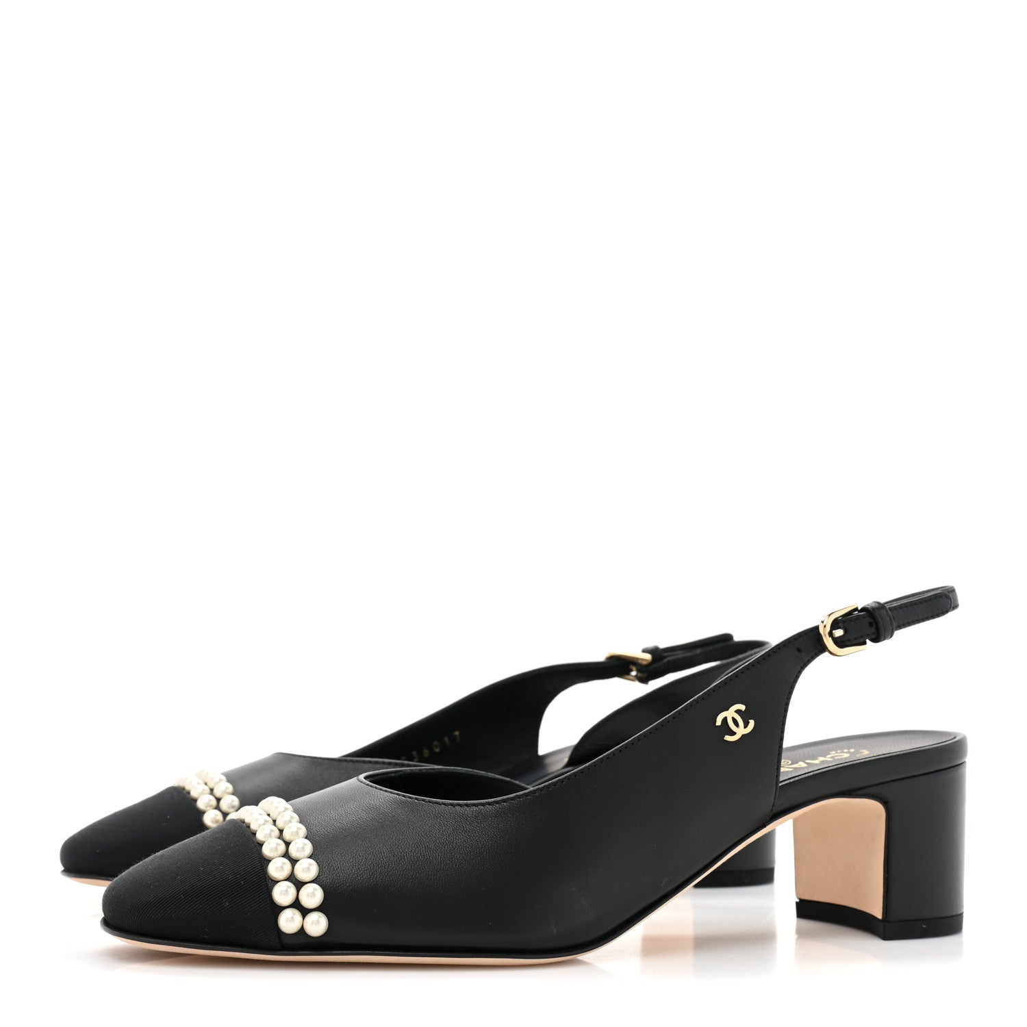 Chanel Lambskin Grosgrain Pearl Cap Toe CC Slingback Pumps 38 Black 3 of 9