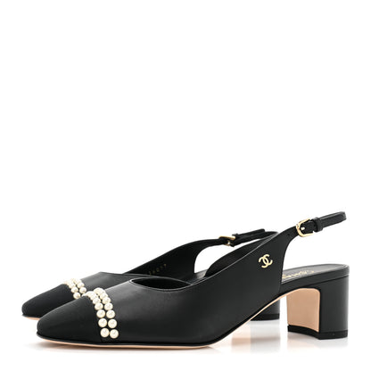 Chanel Lambskin Grosgrain Pearl Cap Toe CC Slingback Pumps 38 Black 3 of 9