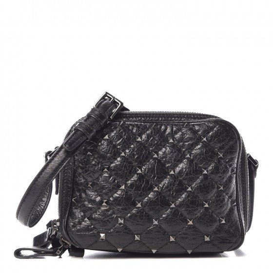 Craquele Nappa Rockstud Spike Double Zip Camera Crossbody Bag Black