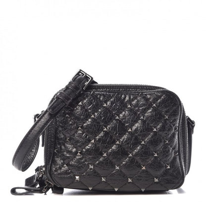 Valentino Garavani Craquele Nappa Rockstud Spike Double Zip Camera Crossbody Bag Black 1 of 9