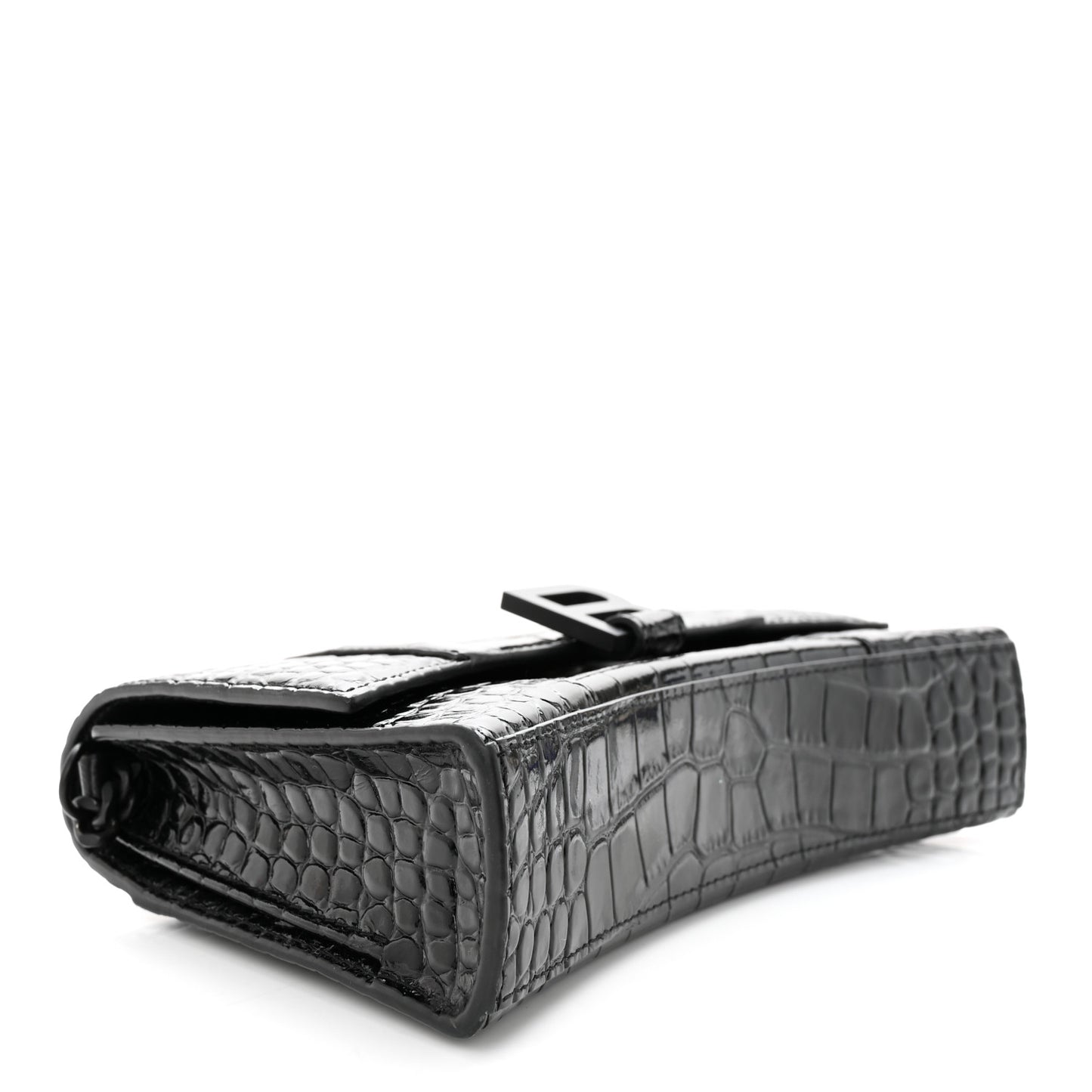 Shiny Calfskin Monochrome Crocodile Embossed Small Hourglass Evening Chain Bag Black