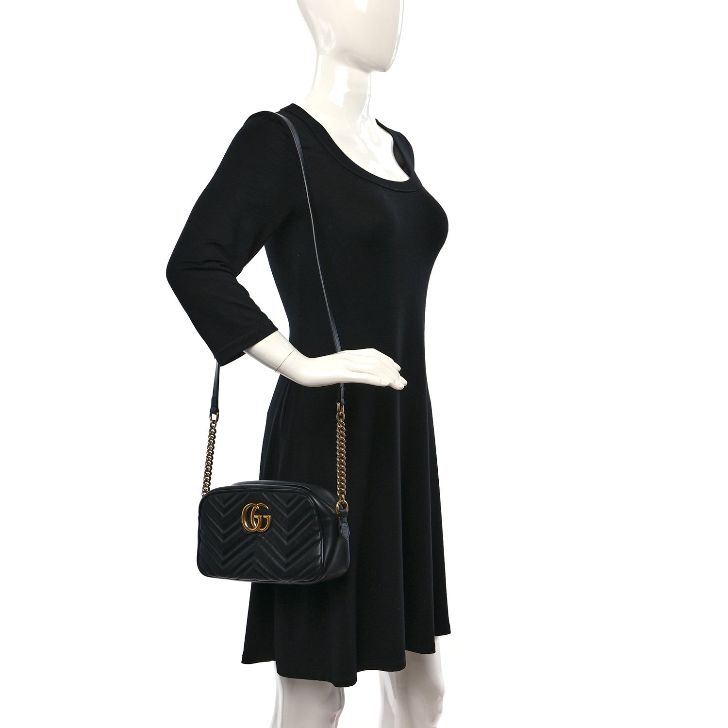 Gucci Calfskin Matelasse Small GG Marmont Chain Shoulder Bag Black 2 of 12