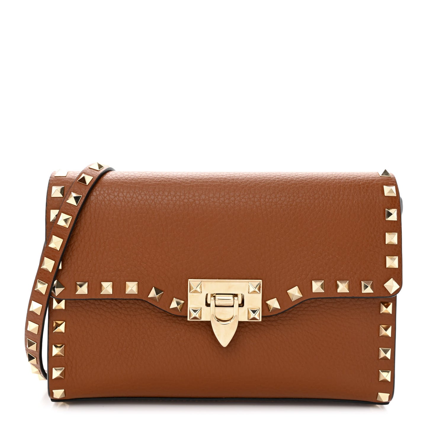 Pebbled Calfskin Medium Rockstud Flip Lock Crossbody Bag Saddle Brown