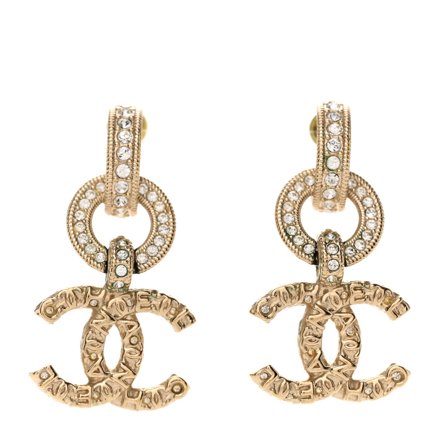 Chanel Metal Crystal CC Hoop Drop Earrings Gold 1 of 7