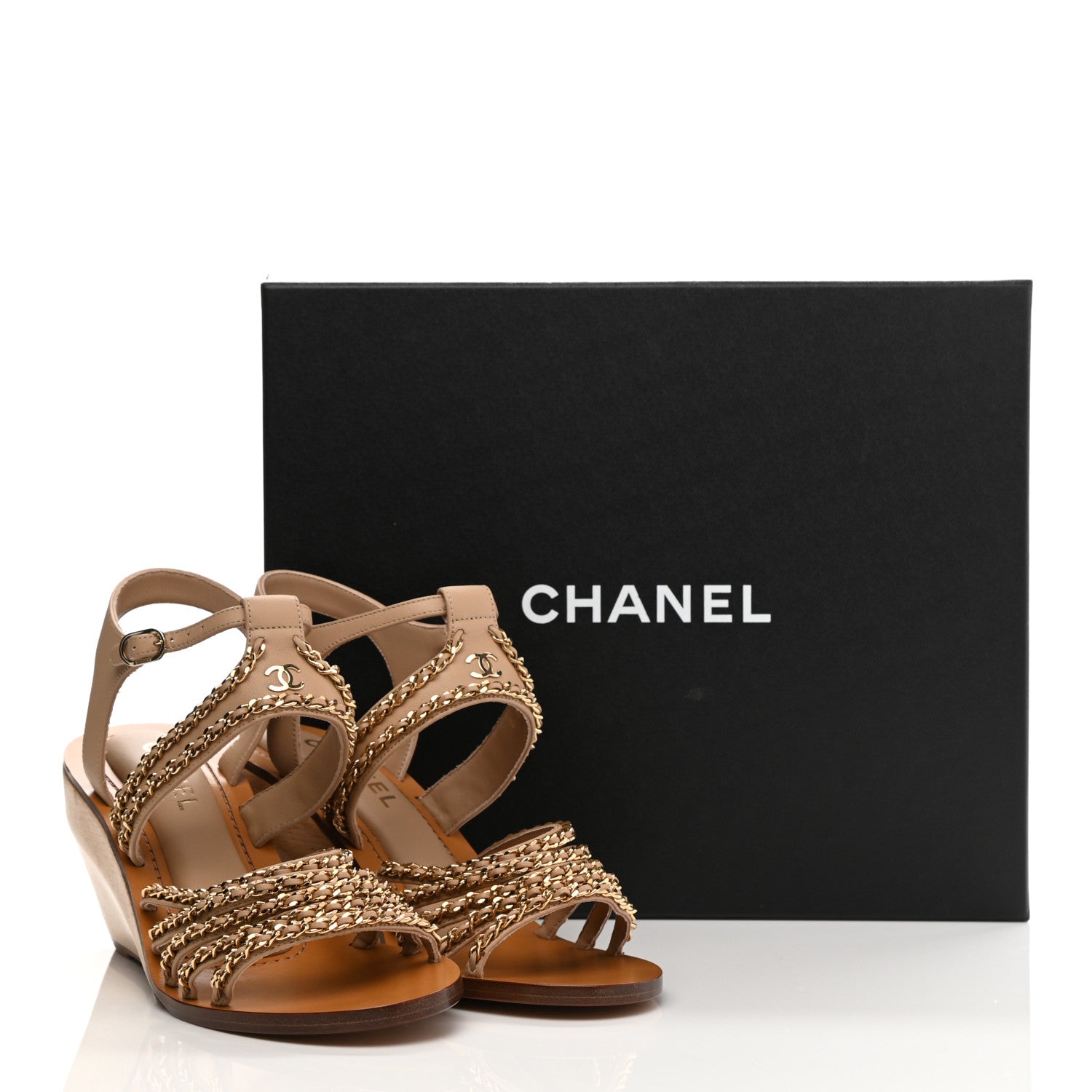 Chanel Lambskin Quilted Chain Wedge Sandals 40 Beige 9 of 9