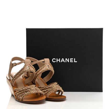 Chanel Lambskin Quilted Chain Wedge Sandals 40 Beige 9 of 9