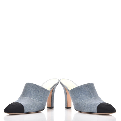 Chanel Printed Lambskin Grosgrain Cap Toe CC Mules 39 Blue Black 6 of 13