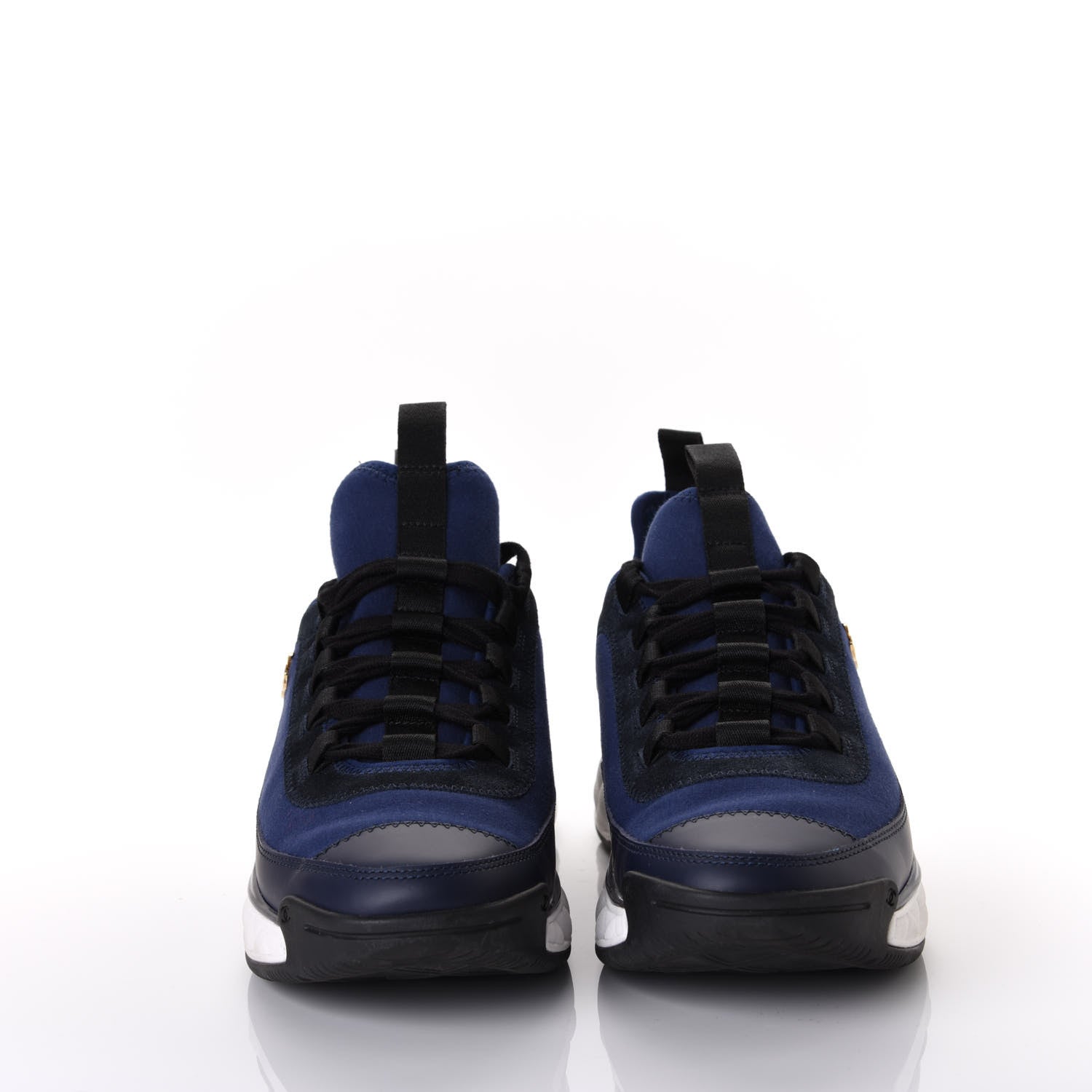 Chanel Fabric Calfskin Suede CC Sneakers 38.5 Navy Black 3 of 10