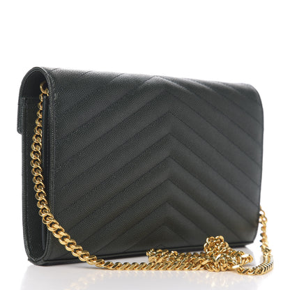 Saint Laurent Grain de Poudre Matelasse Chevron Medium Monogram Chain Wallet Dark Emerald 2 of 9