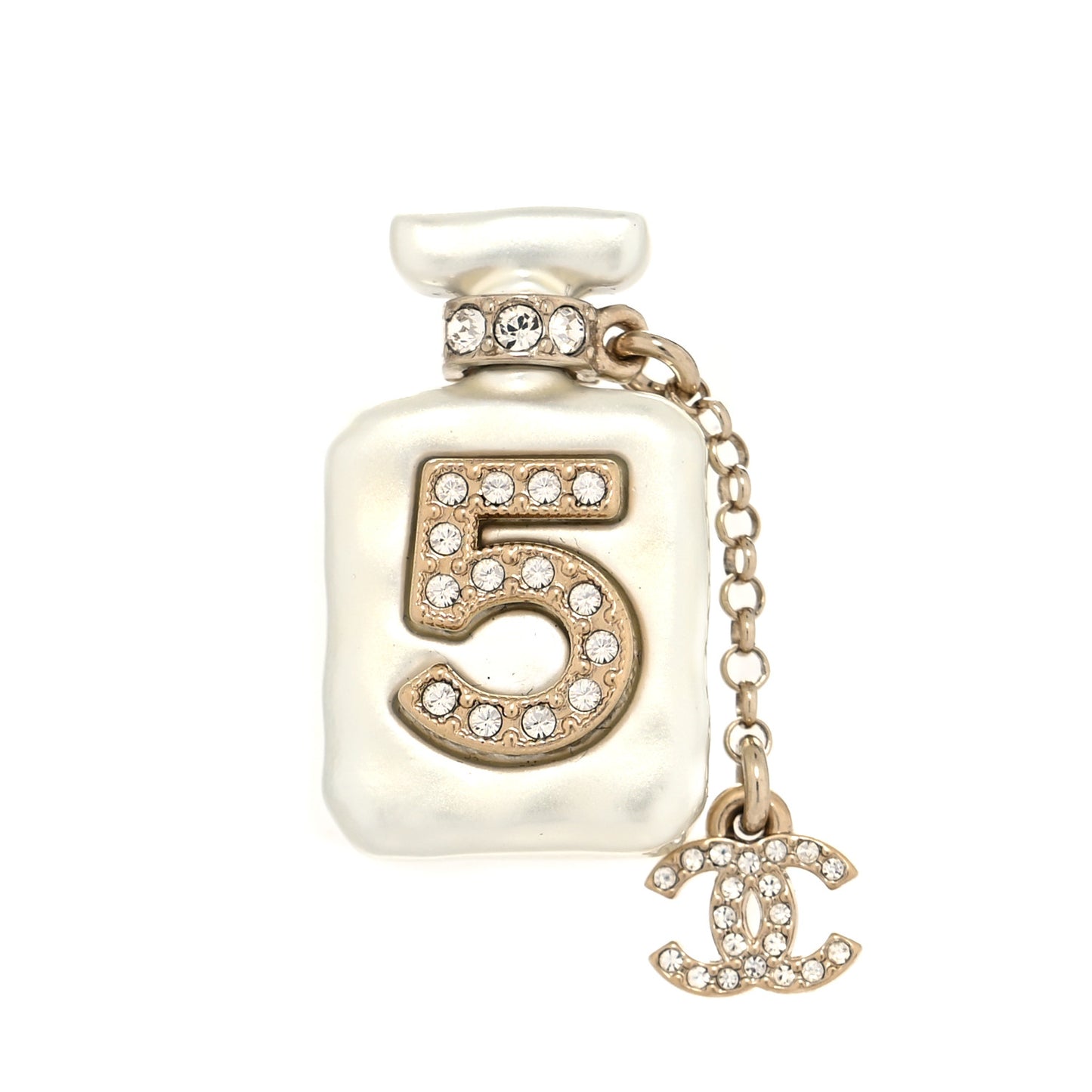 Pearl Resin Crystal CC No 5 Perfume Bottle Brooch Gold Pearly