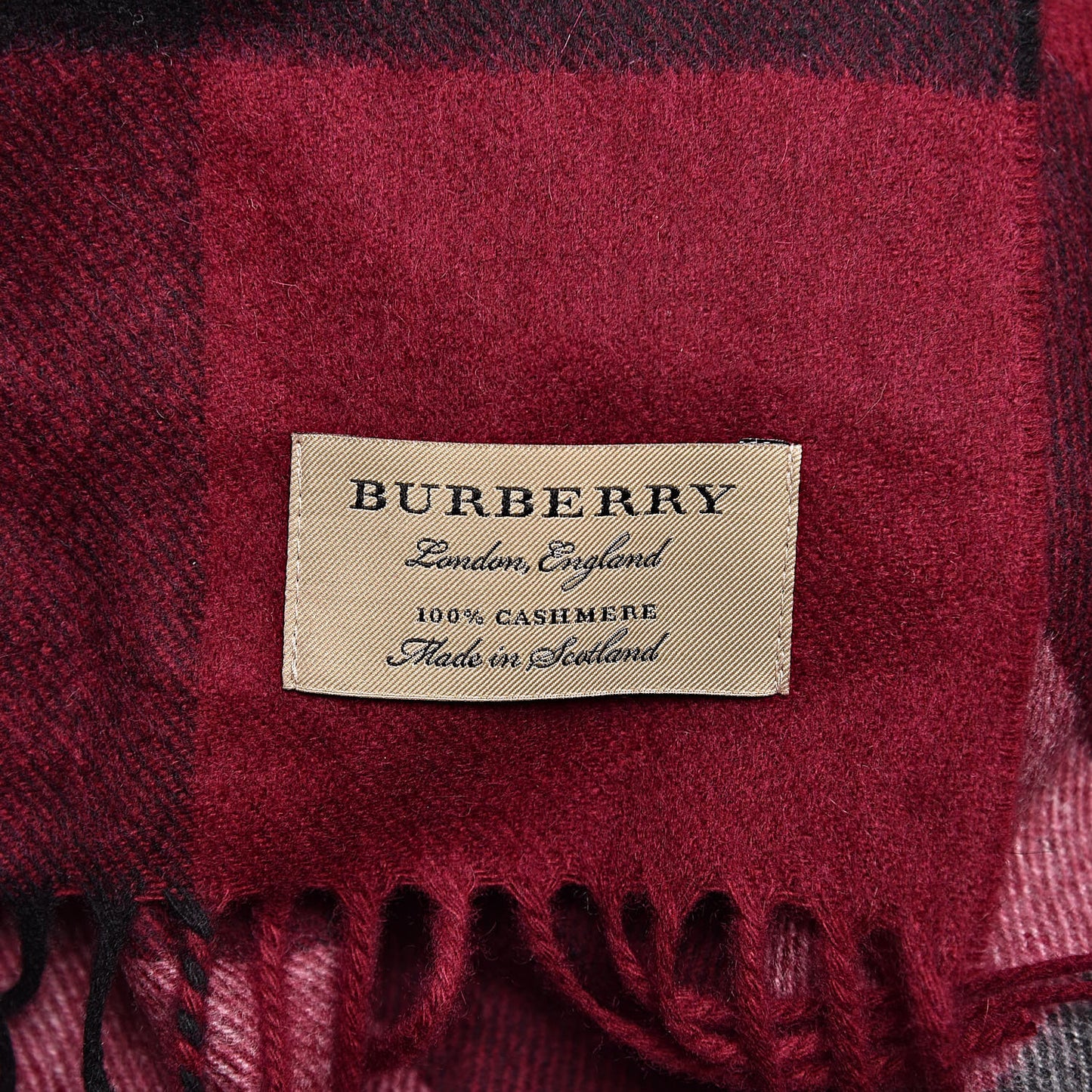 Cashmere Giant Check Fringe Scarf Claret