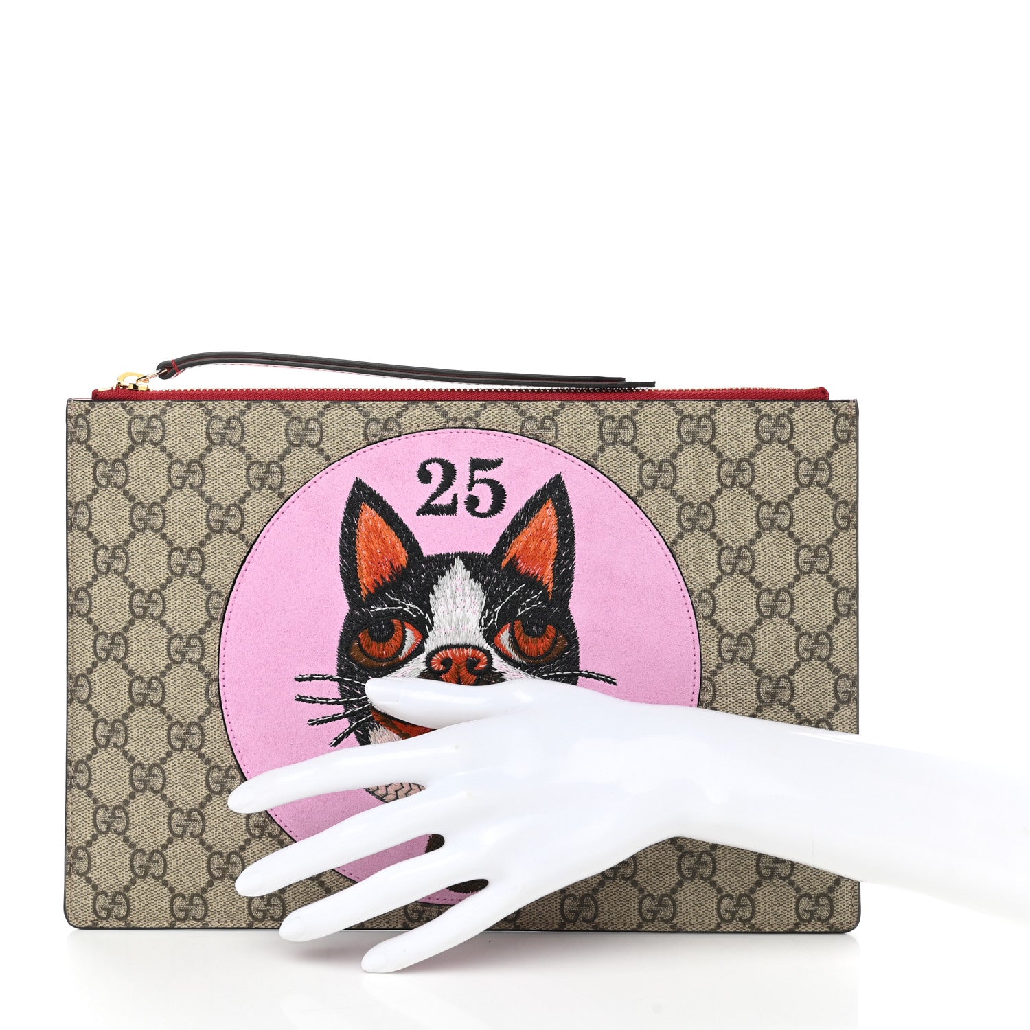 Gucci GG Supreme Monogram Bosco Patch Zip Pouch Beige Malva Hibiscus Red 2 of 8