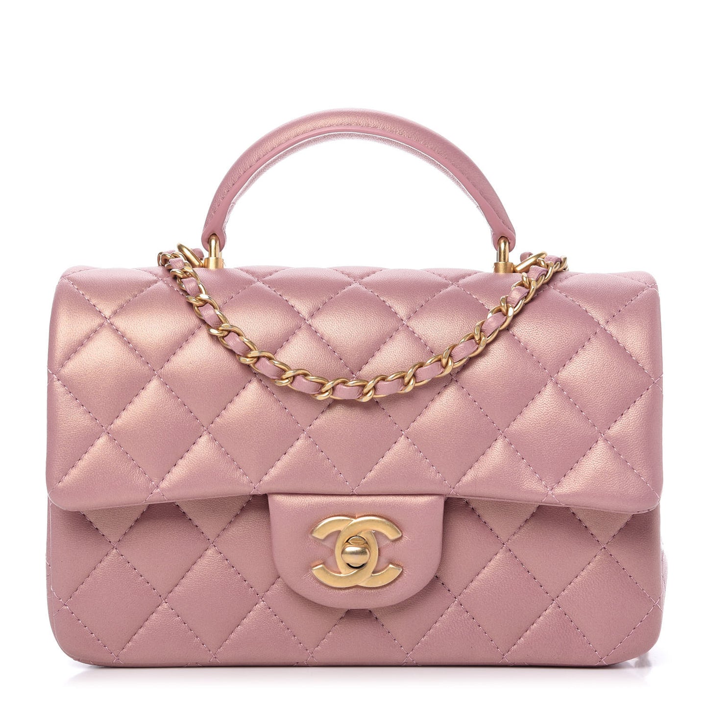 Iridescent Lambskin Quilted Mini Top Handle Rectangular Flap Pink