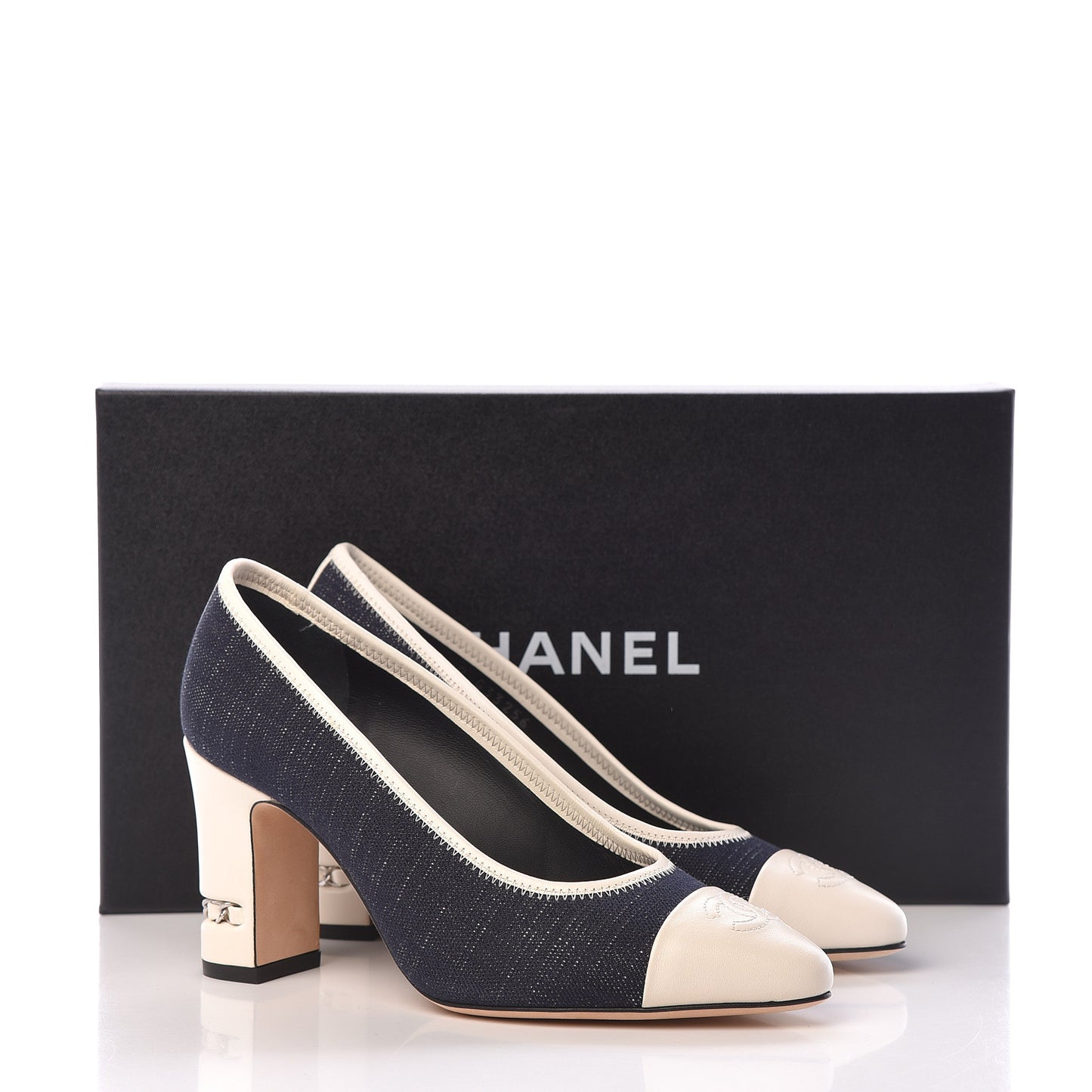 Lambskin Fabric Cap Toe Pumps 35.5 Navy