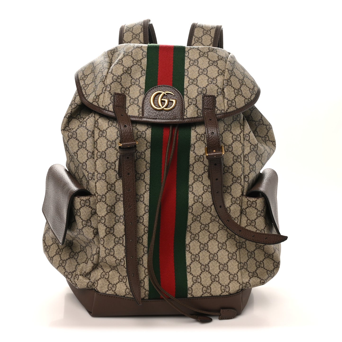 GG Supreme Monogram Medium Ophidia Double Buckle Backpack Brown