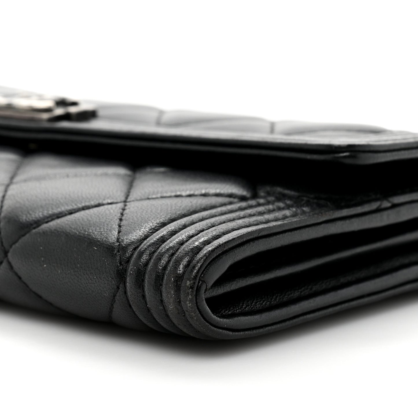 Lambskin Quilted Large Boy Gusset Flap Wallet Black