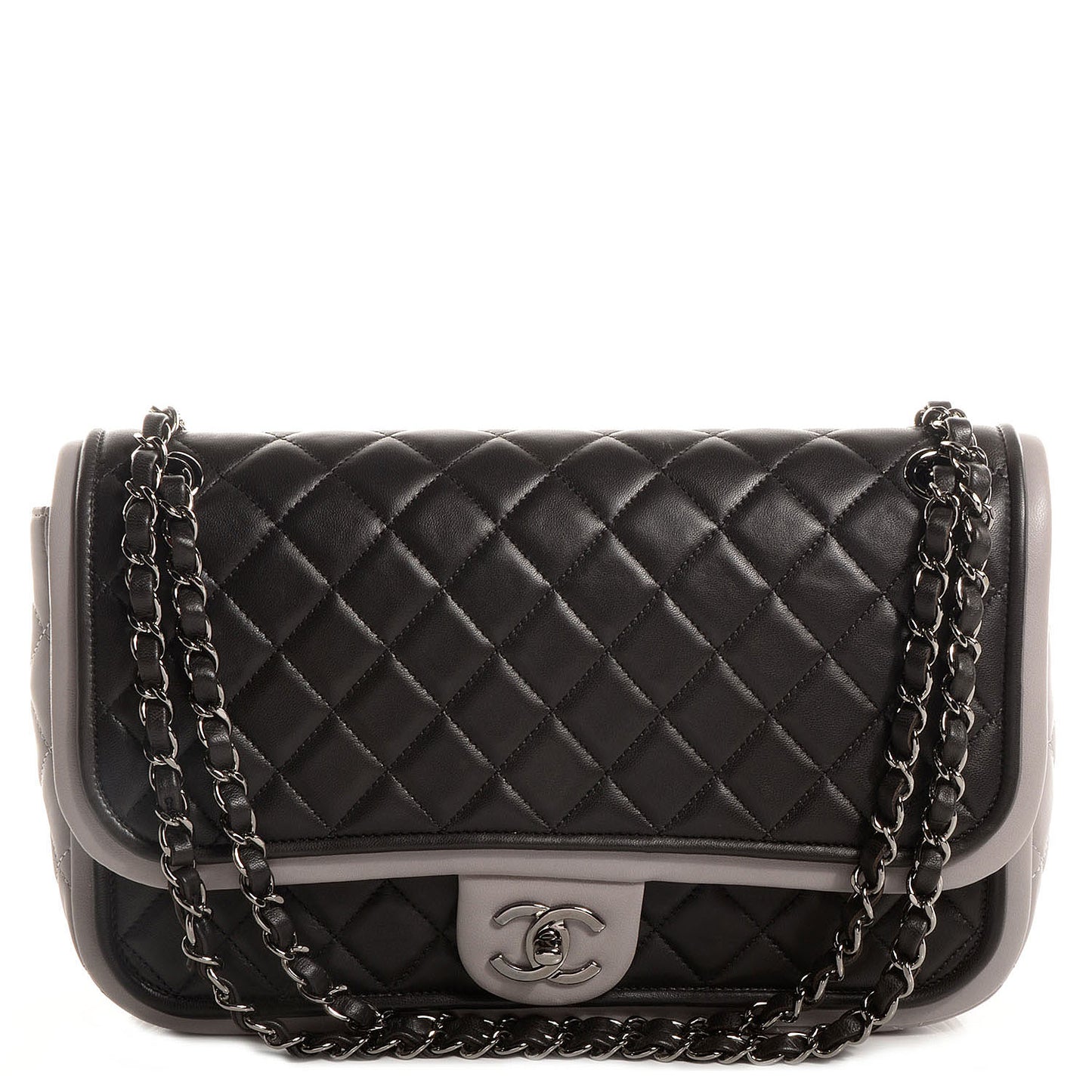 Lambskin Quilted Jumbo Classic Twist Flap Bag Black Grey