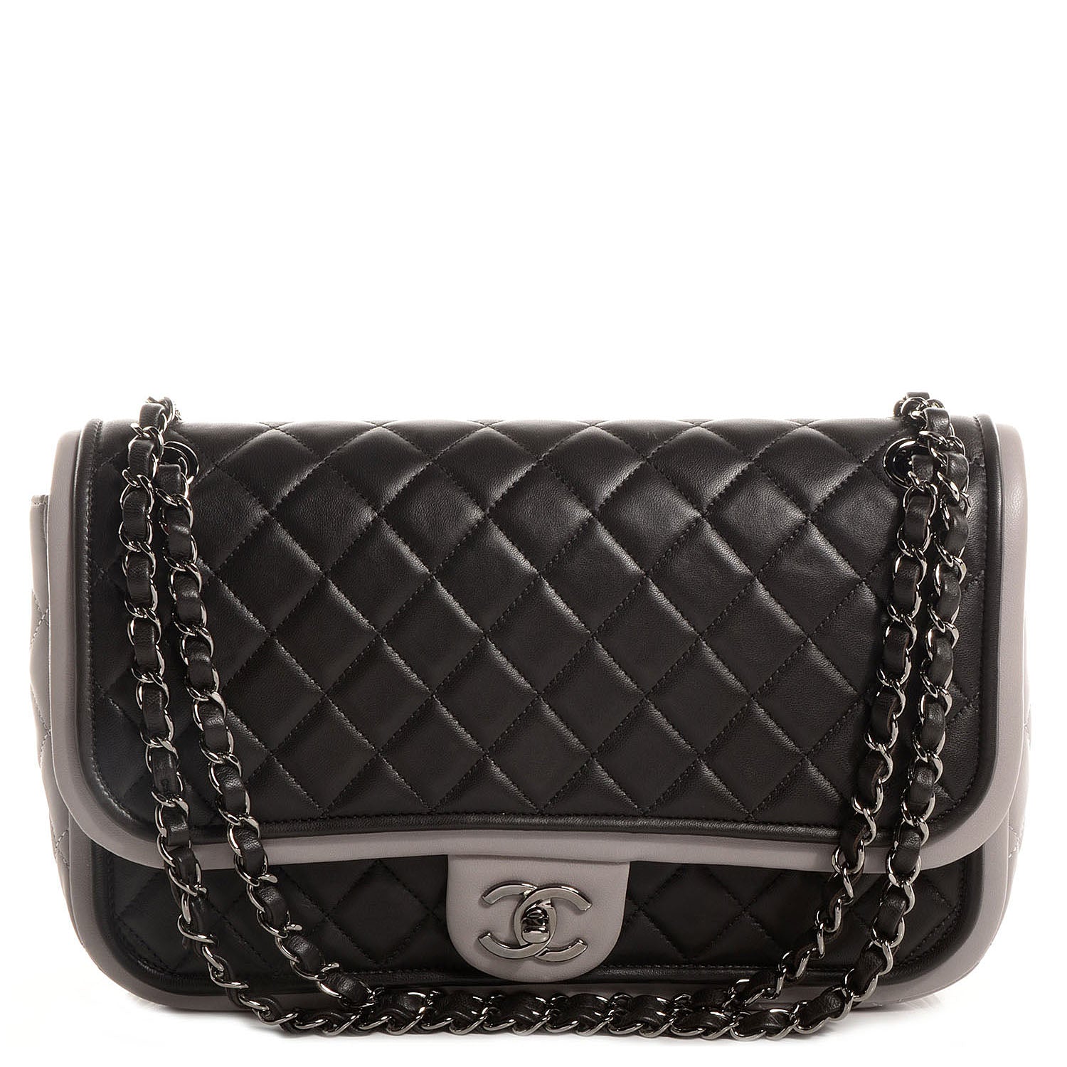 Chanel Lambskin Quilted Jumbo Classic Twist Flap Bag Black Grey 1 of 8