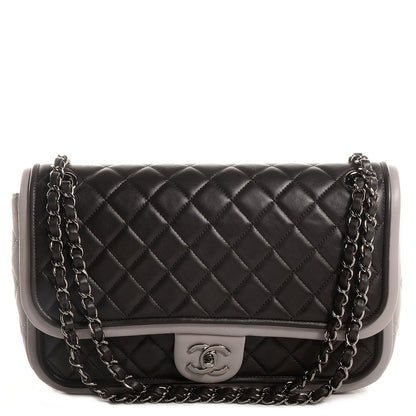 Chanel Lambskin Quilted Jumbo Classic Twist Flap Bag Black Grey 1 of 8