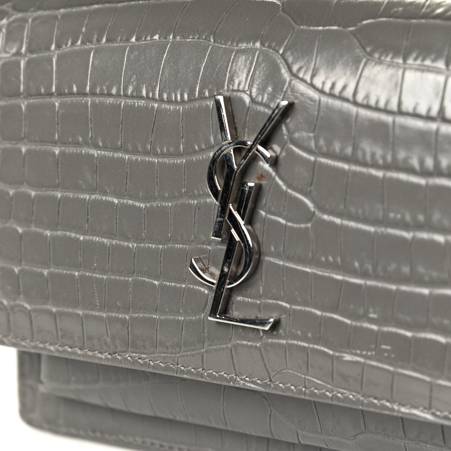 Saint Laurent Calfskin Crocodile Embossed Monogram Sunset Chain Wallet Fog 5 of 5