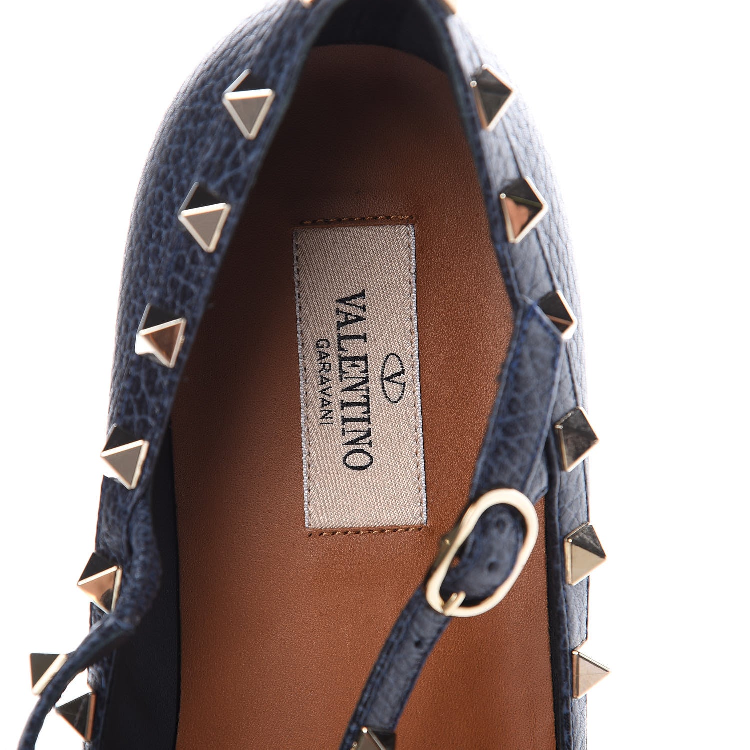 Valentino Garavani Pebbled Calfskin Rockstud Cage Ballerina Flats 40.5 Deep Denim 6 of 8