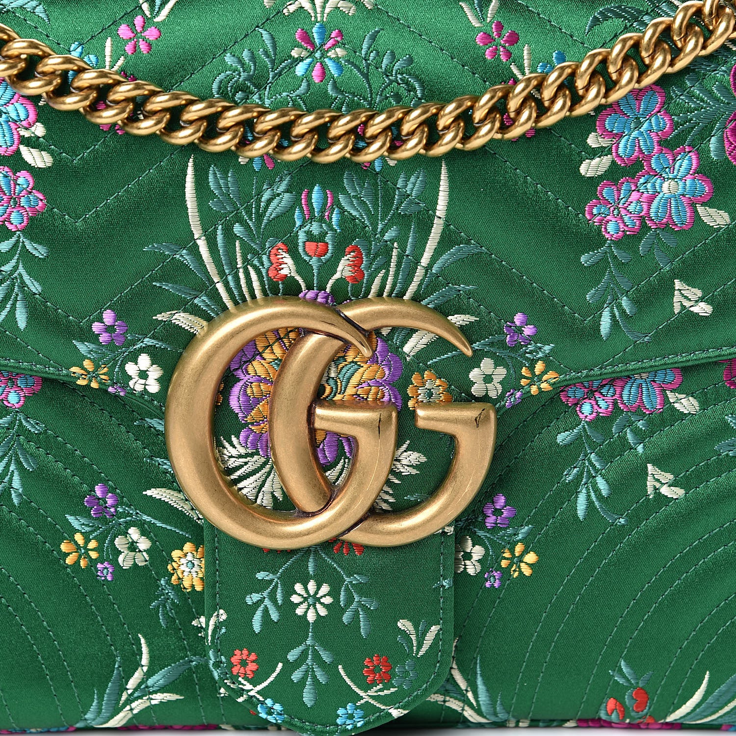 GUCCI ビーズ刺繍の黄緑色パーティーバッグ Gucci Jacquard Matelasse Floral Medium GG Marmont Shoulder Bag