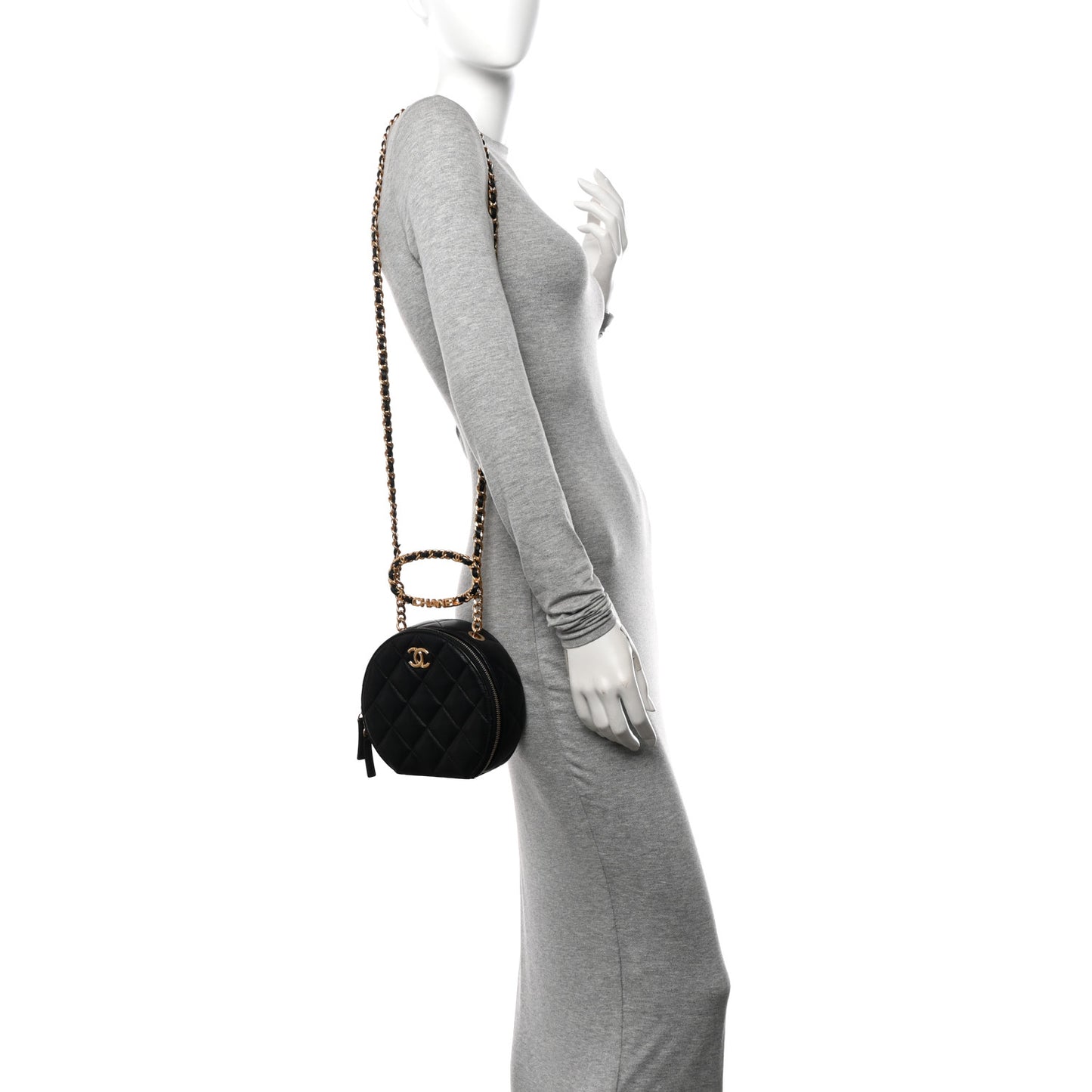 Lambskin Metal Quilted Small Top Handle Round Shoulder Bag Black