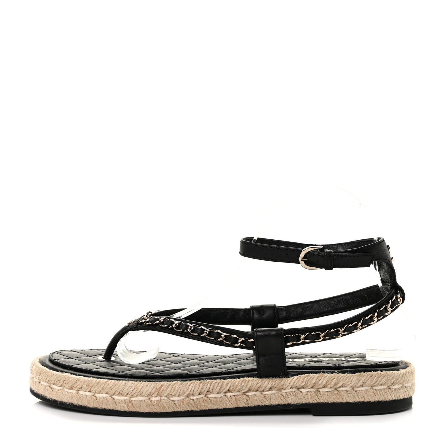 Lambskin Chain CC Thong Espadrille Sandals 41 Black