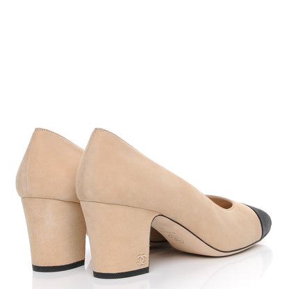 Chanel Suede Satin Cap Toe Low Heel Pumps 39 Beige Black 4 of 9