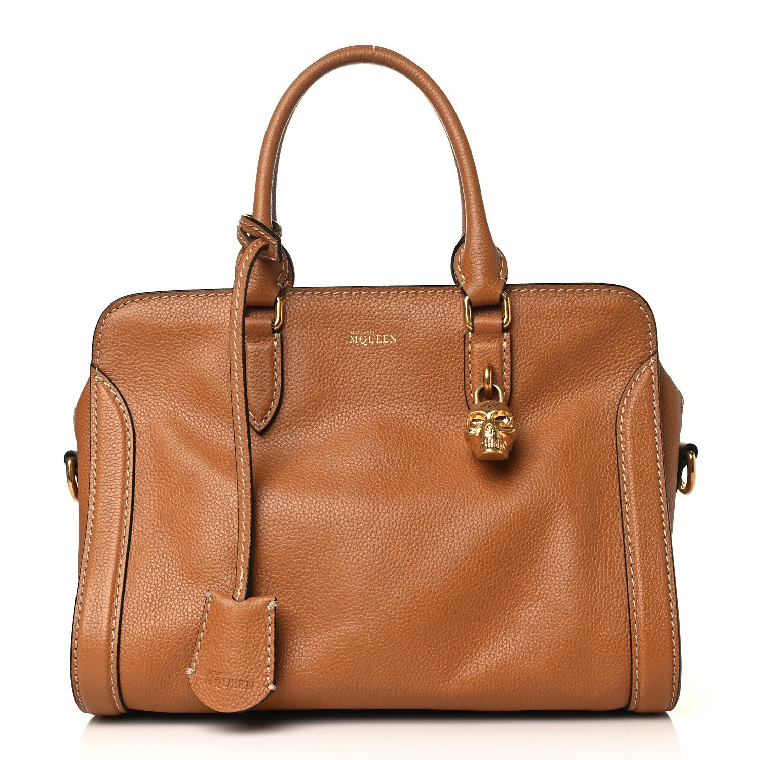 Alexander McQueen Pebbled Calfskin Small Skull Padlock Zip Around Tote Cognac 1 of 8