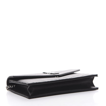 Saint Laurent Grain De Poudre Matelasse Chevron Monogram Envelope Chain Wallet Black 3 of 10