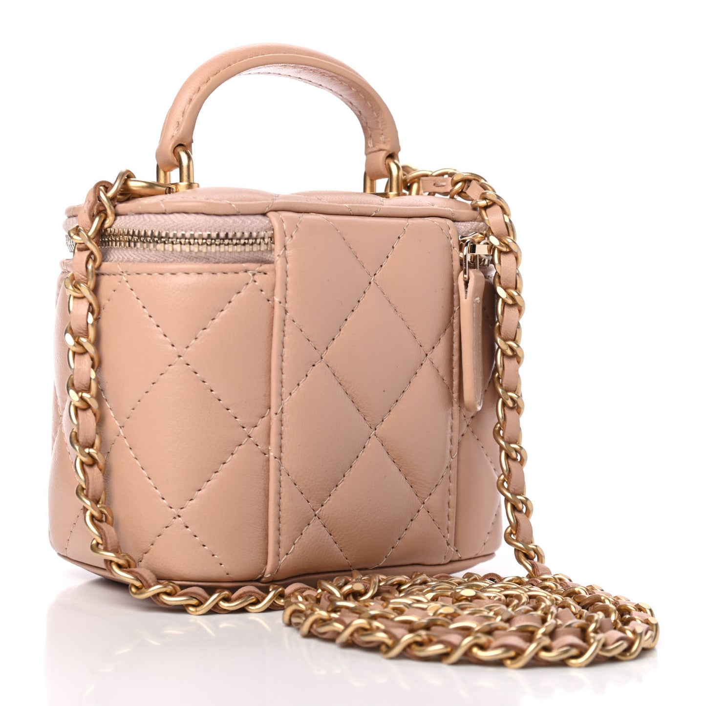 Lambskin Quilted Top Handle Mini Vanity Case With Chain Beige