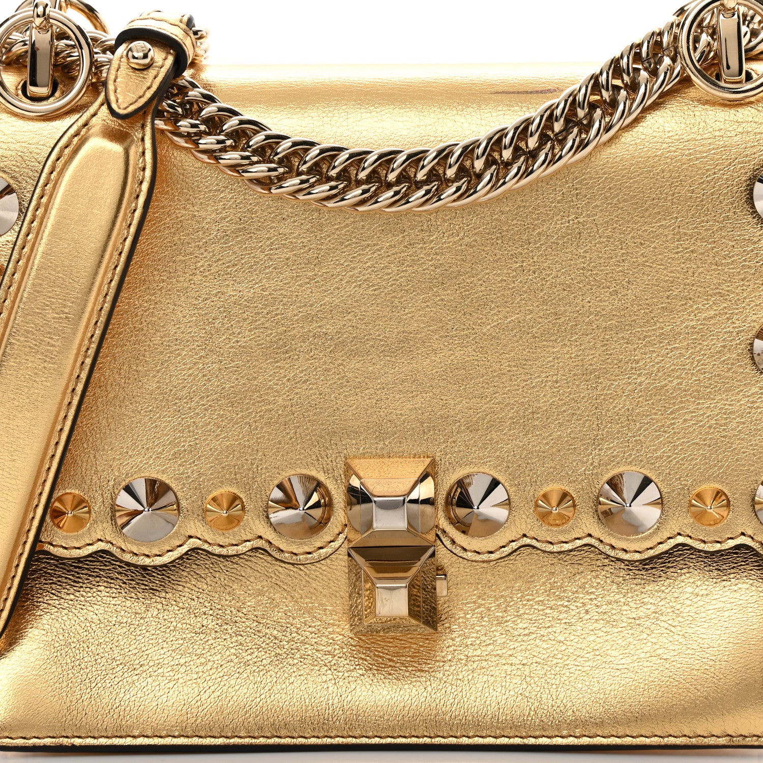 Fendi Vitello Catalan Mirror Scalloped Multi Studded Small Kan I Shoulder Bag Gold 8 of 12