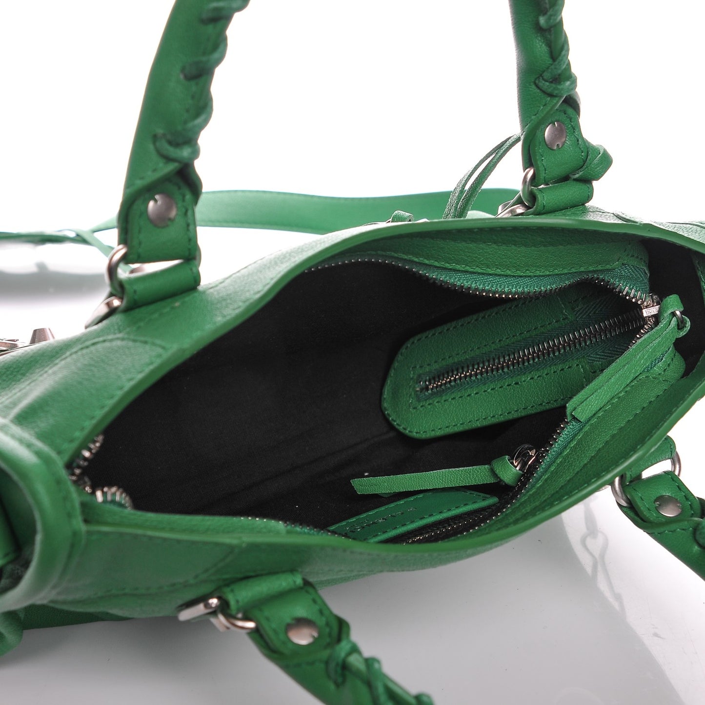 Agneau Silver Metallic Edge Hardware Mini City Vert Emeraude