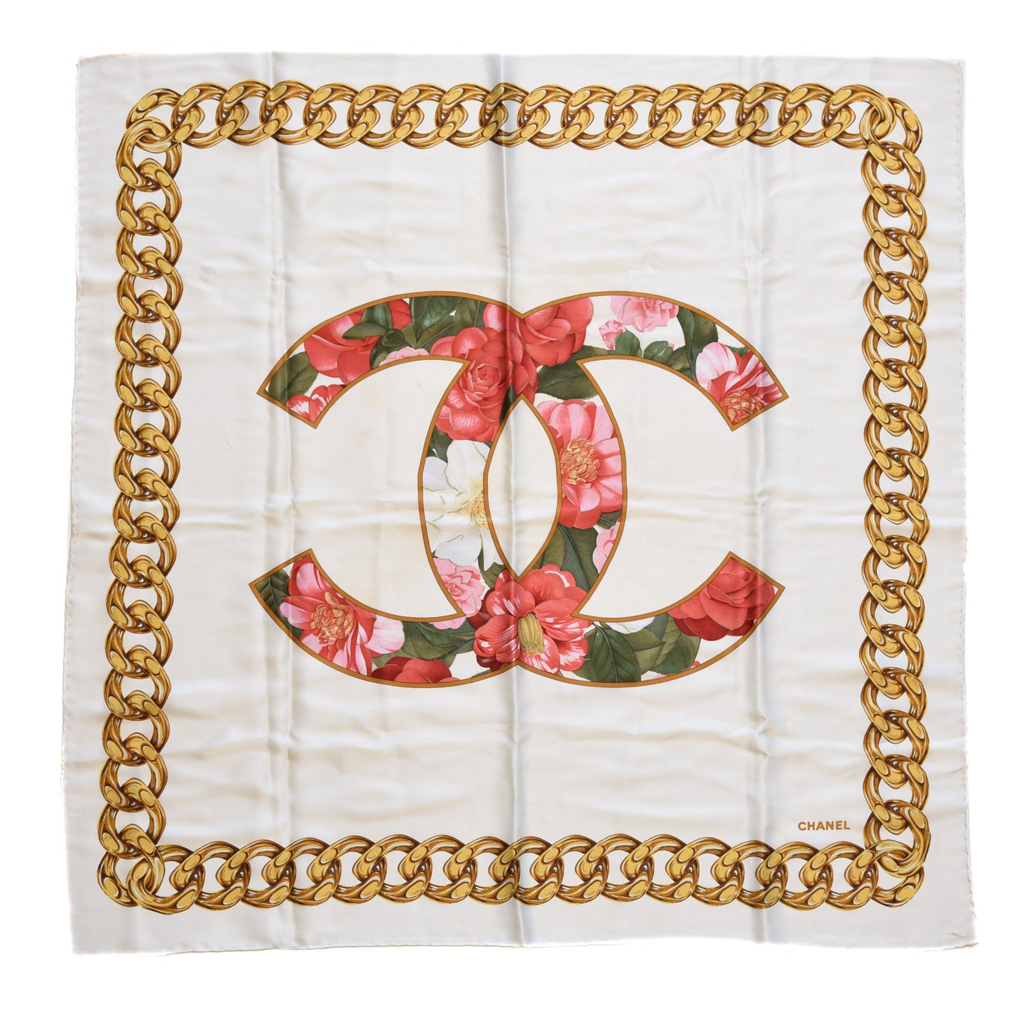 Silk CC Floral Chain Square Scarf Beige
