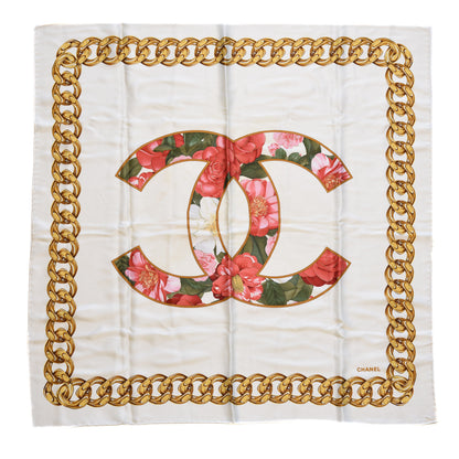 Chanel Silk CC Floral Chain Square Scarf Beige 1 of 5