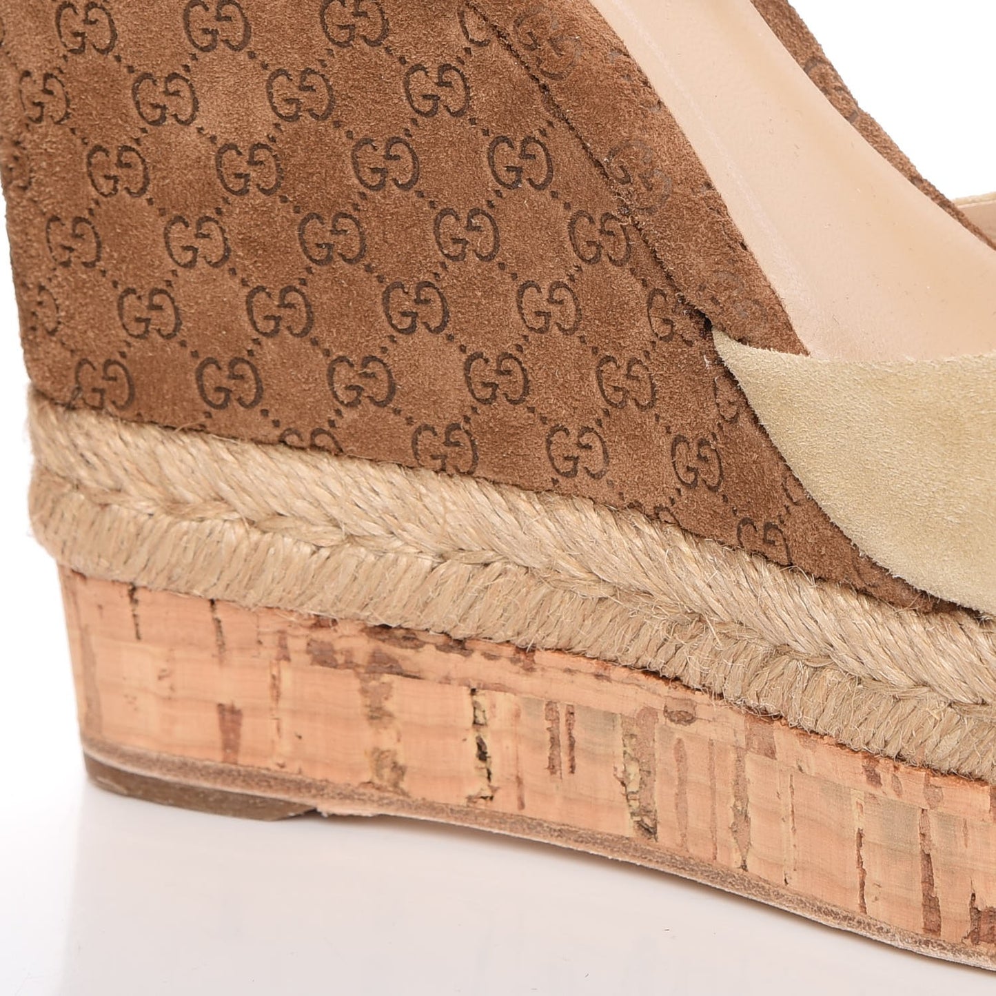 Suede Cork Guccissima Hollie Wedge Sandals 38.5 Nude