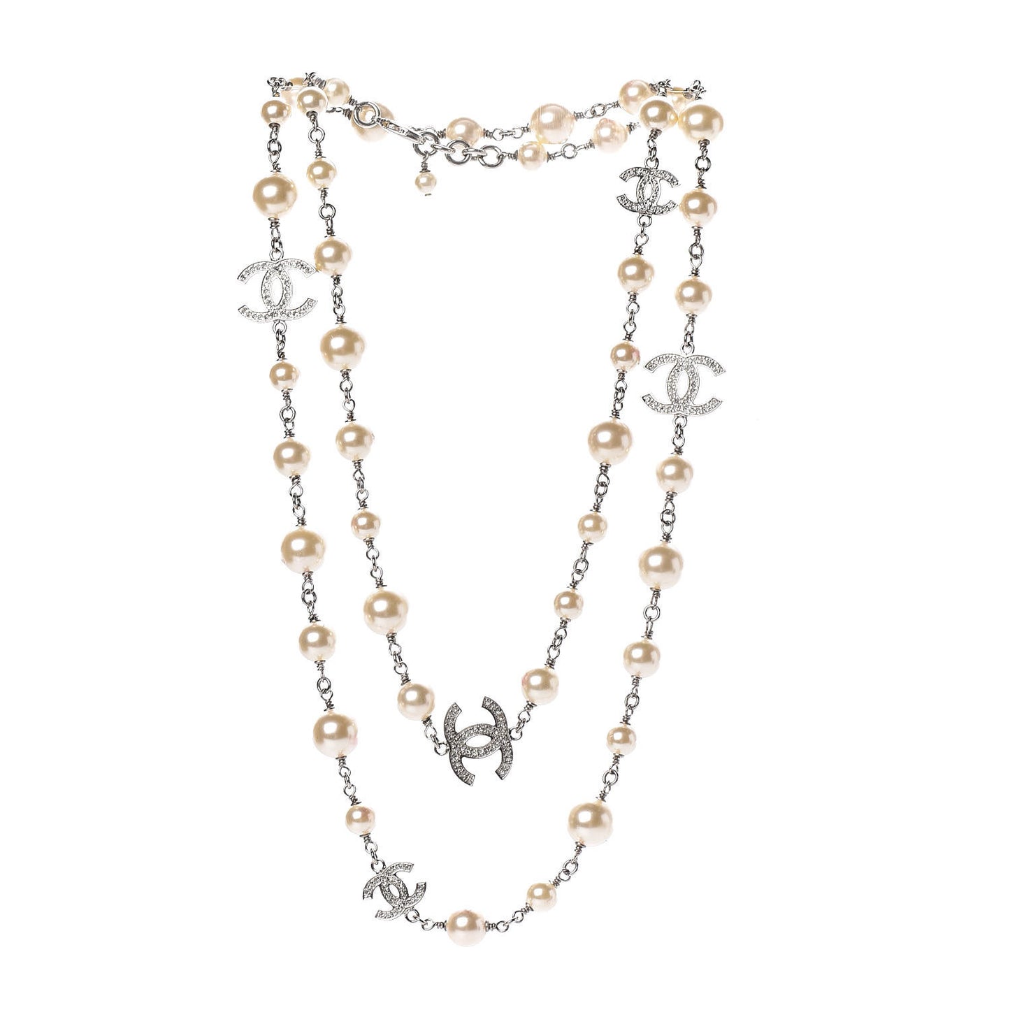 Crystal Pearl CC Long Necklace Silver
