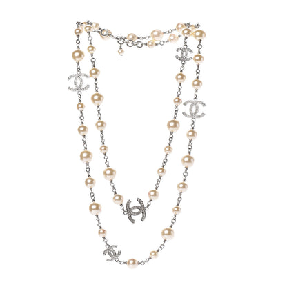 Chanel Crystal Pearl CC Long Necklace Silver 3 of 8