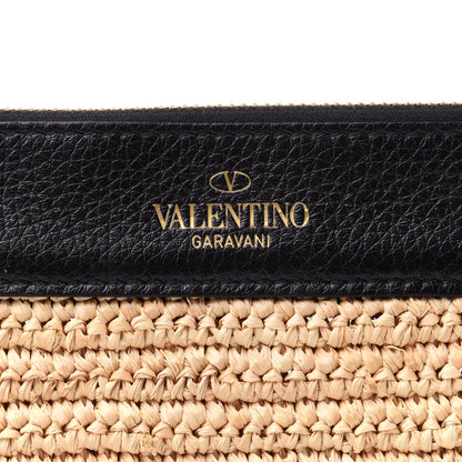 Valentino Garavani Raffia Calfskin Small Rockstud Zip Pouch Naturale Black 7 of 10