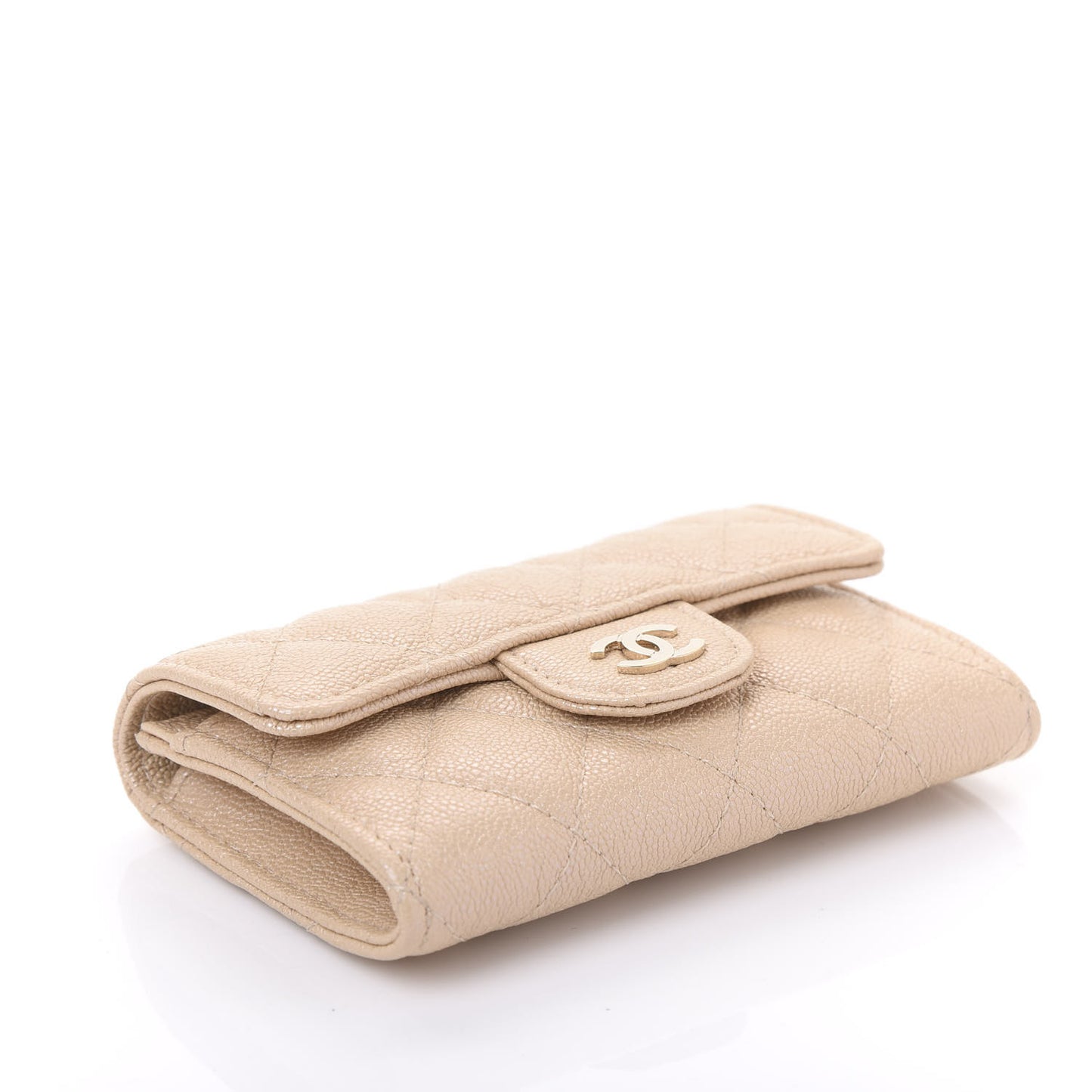 Iridescent Caviar Quilted Flap Card Holder Beige