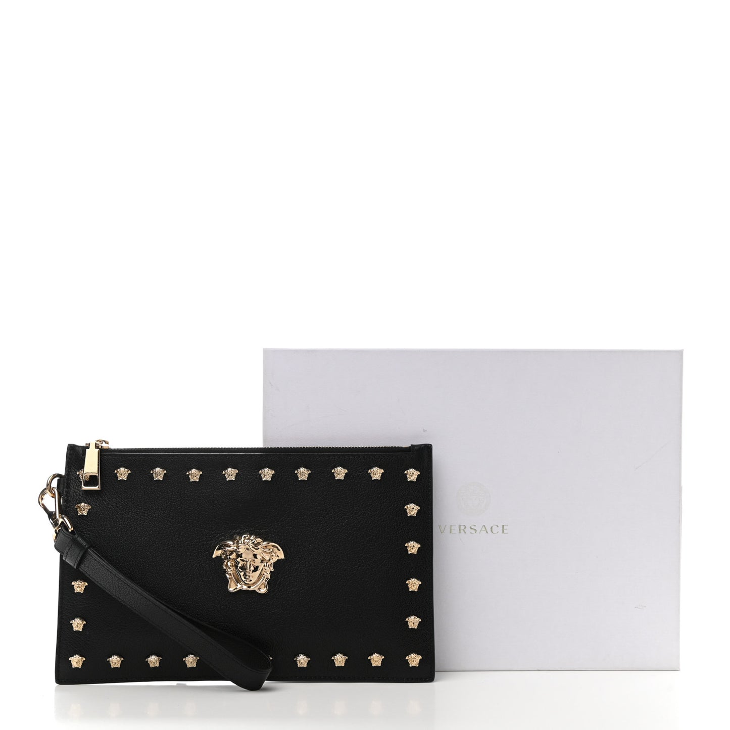 Vitello Studded Medusa Head Pochette Black
