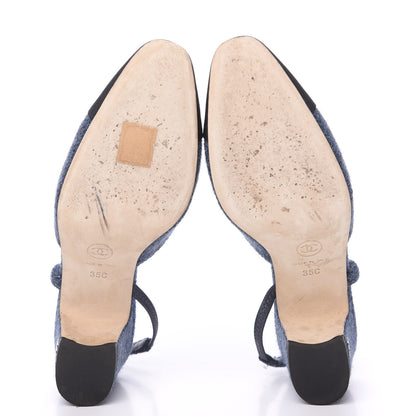 Chanel Tweed Grosgrain Cap Toe CC Slingback Pumps 35 Blue Black 5 of 8