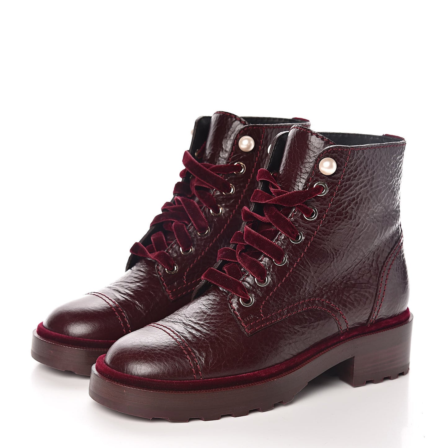 Calfskin Velvet Pearl Combat Short Boots 37 Burgundy