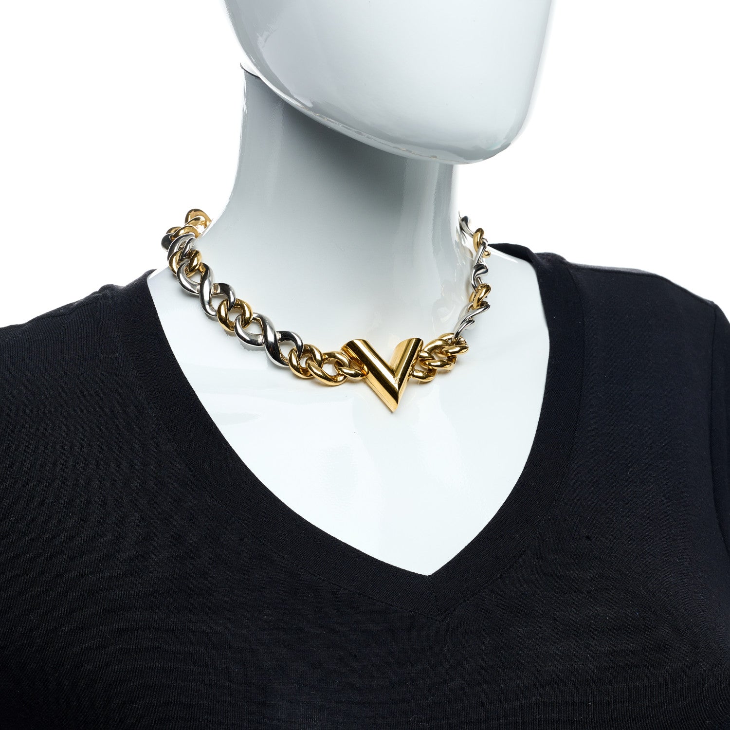 Louis Vuitton V Chain Necklace Silver Gold 2 of 4