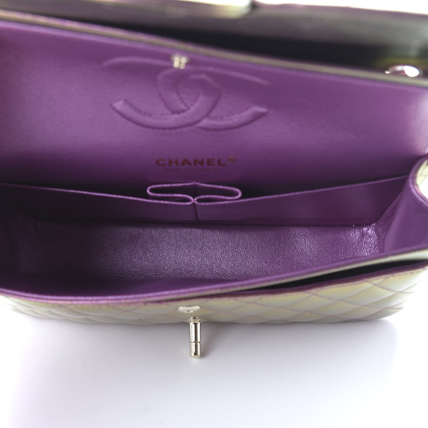 Iridescent Lambskin Quilted Medium Double Flap Purple