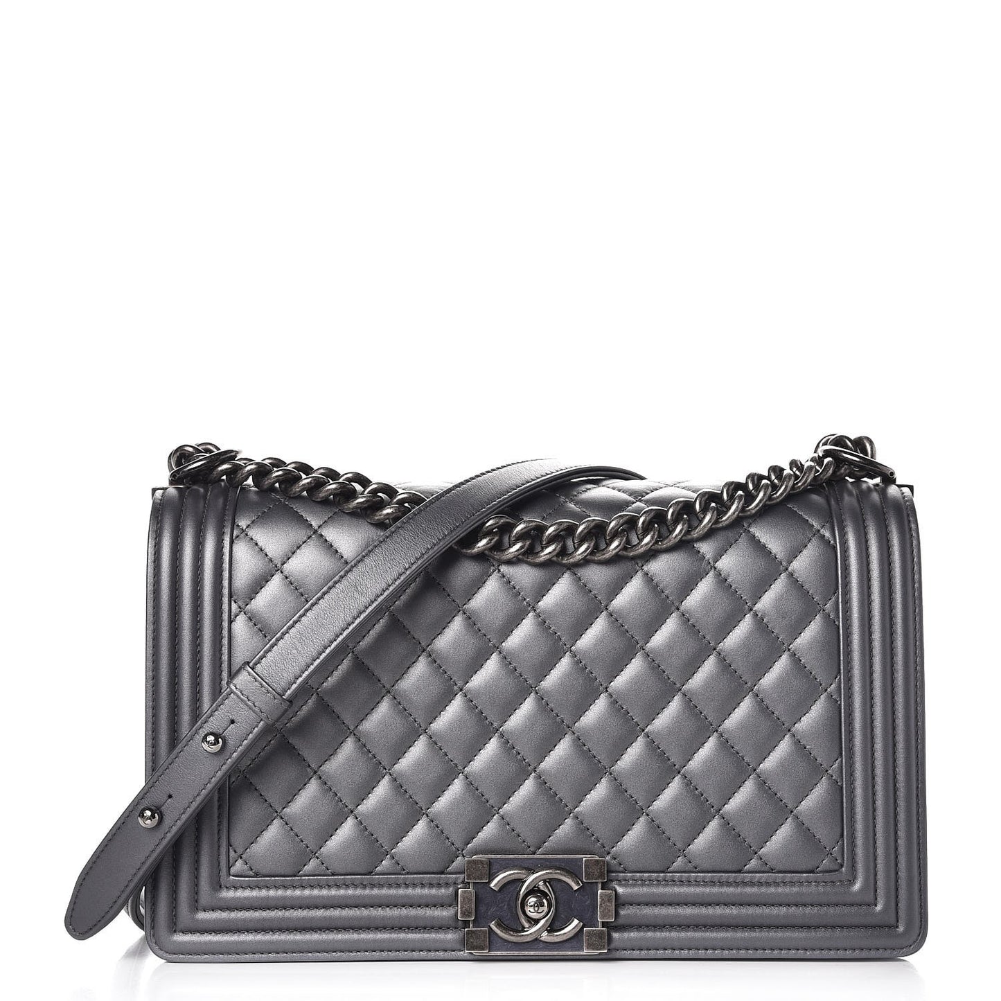 Metallic Calfskin Quilted New Medium Boy Flap Dark Silver
