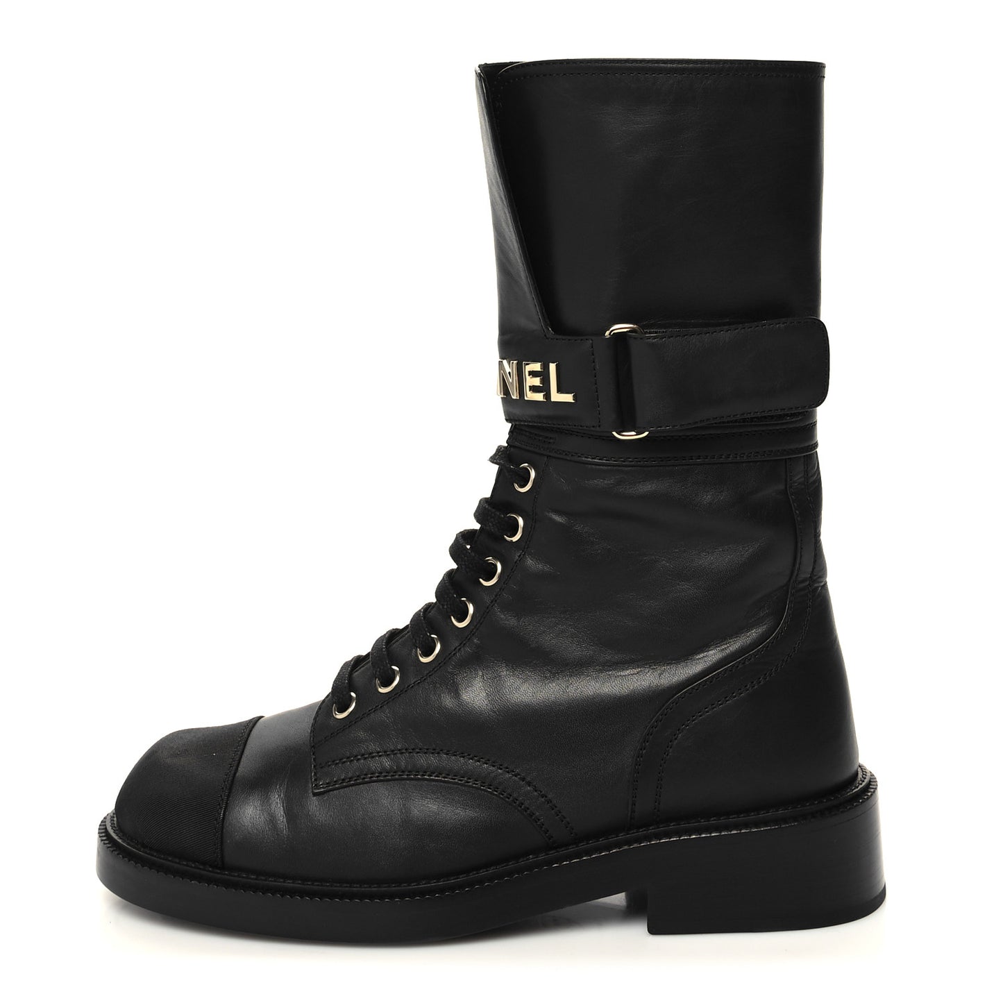 Shiny Calfskin Lace Up Combat Boots 37.5 Black