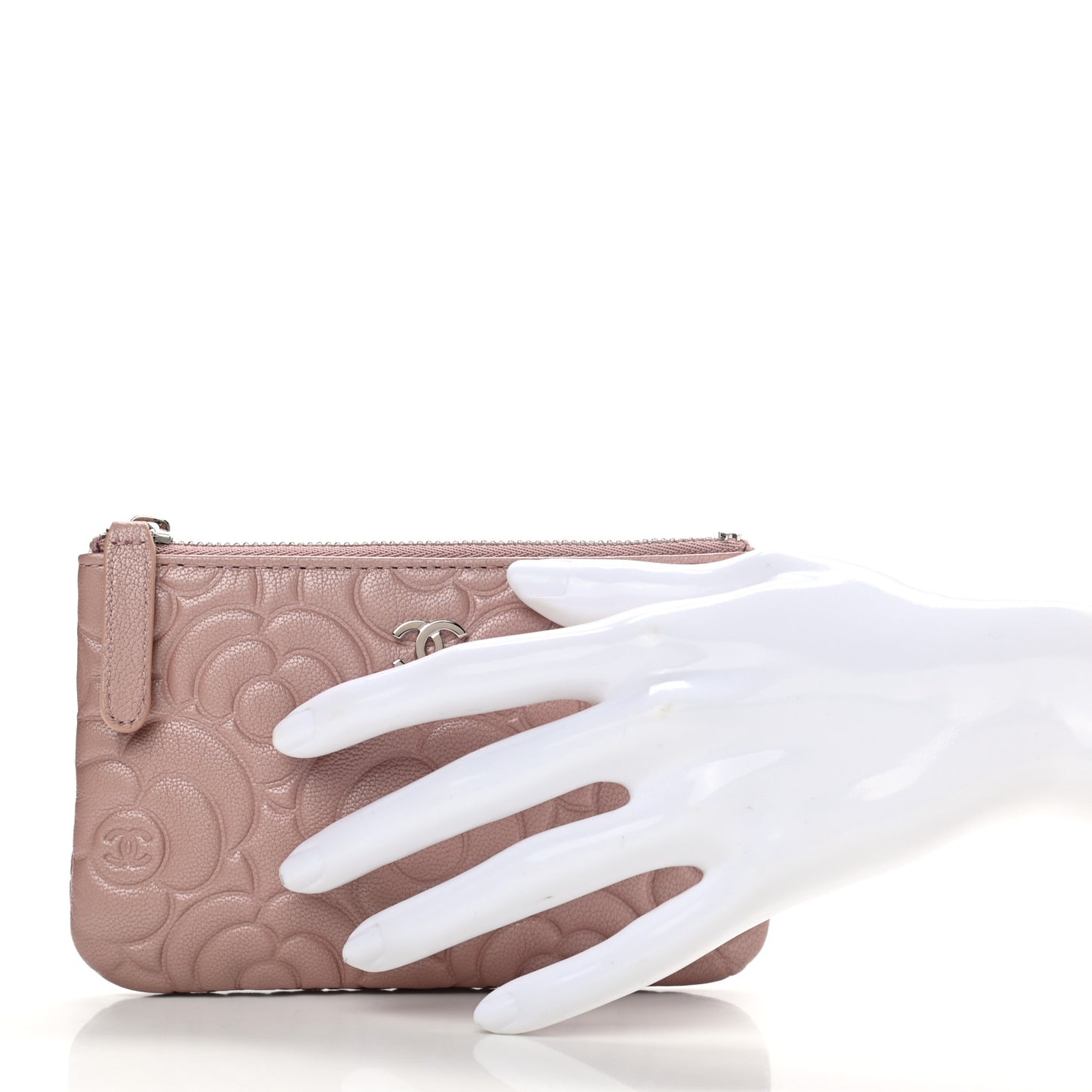 Goatskin Camellia Embossed Cosmetic Pouch Light Pink